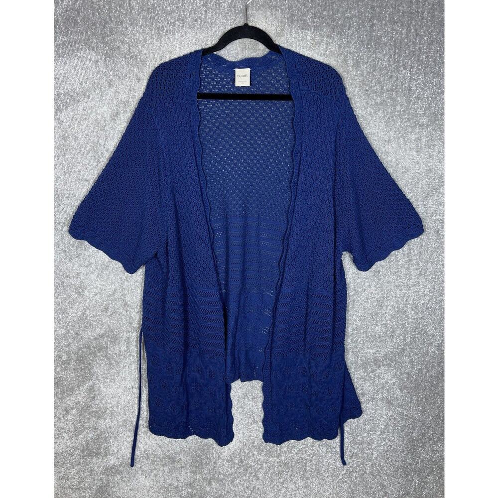 Blair Cardigan Sweater Womens Size 3XL Blue Open Knit Waterfall Hem Attached Tie